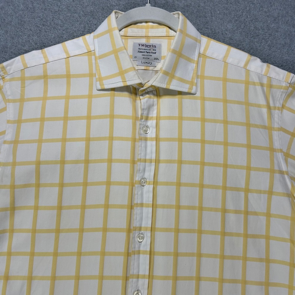 TM Lewin Dress Shirt Luxury Mens 17 34.5 Yellow White Grid Business Preppy